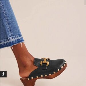 Boden Black Iris Leather Clogs with Gold Accents, size 8
